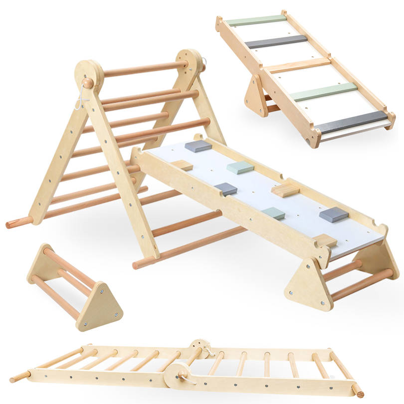 Dřevěné, podomácku vyrobené dětské hřiště - žebřík + lezecká stěna + kladina - Piklerův trojúhelník