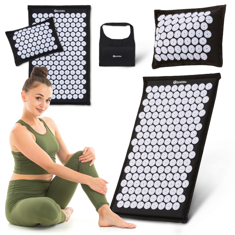 EKO lněná akupresurní podložka s kokosovým vláknem a pohankovým polštářem – 68 cm HyperMotion černá a bílá