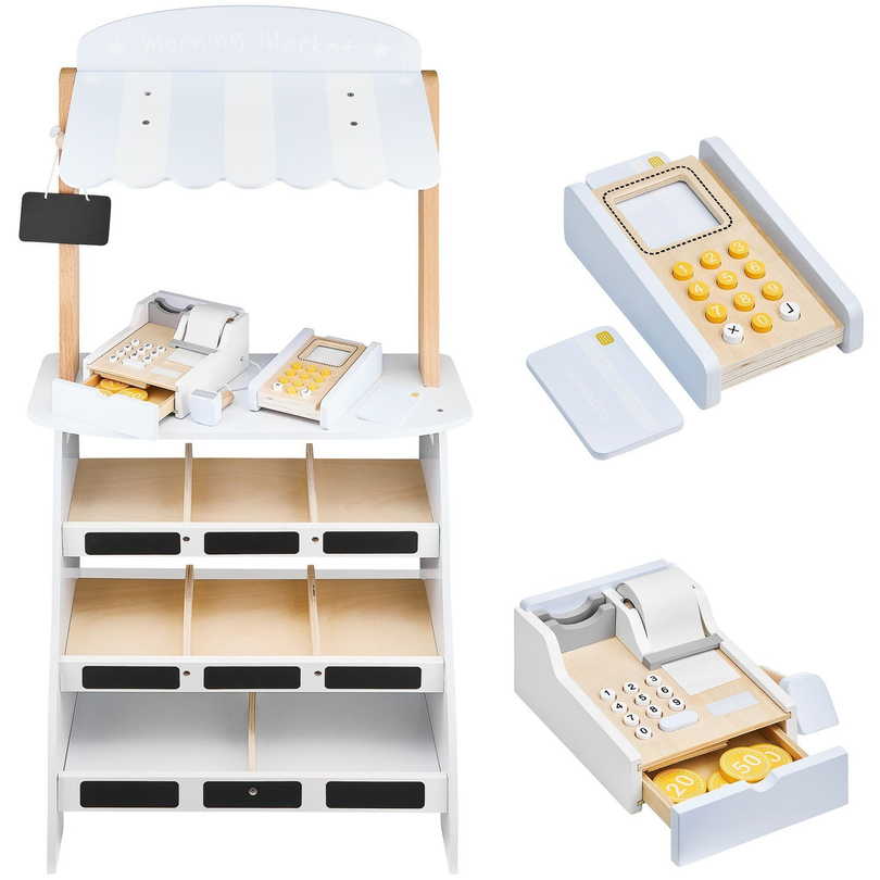 Stánek s potravinami - dřevěný stánek s krabicemi, pokladnou a terminálem