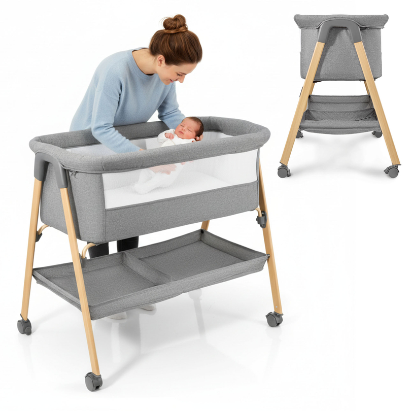 Dětská postýlka, volně stojící, cestovní postýlka, kolébka s matrací - šedá