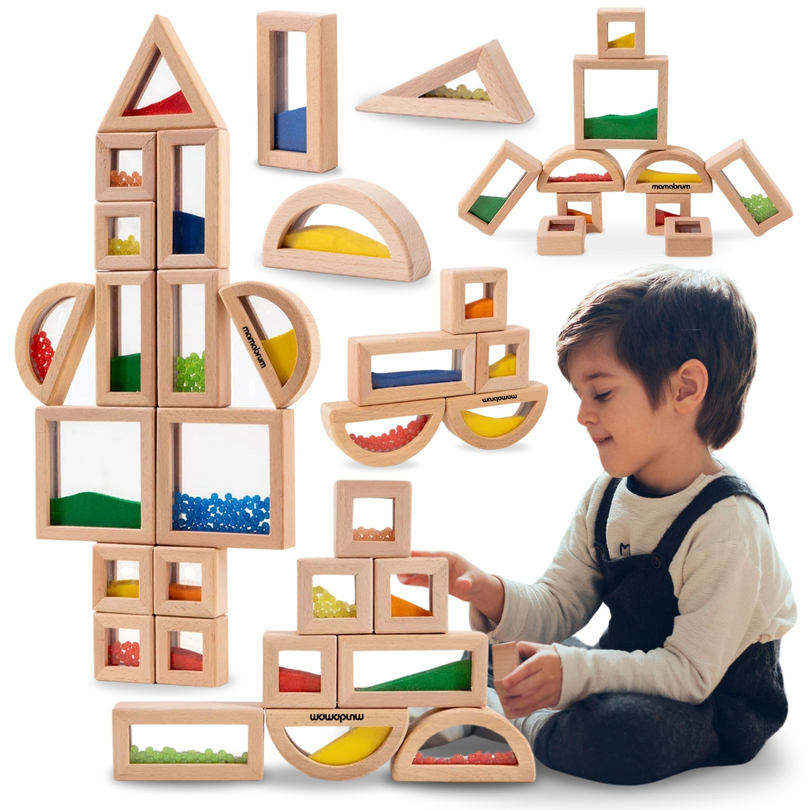 Sada dřevěných senzorických bloků s různými náplněmi - 15 kusů