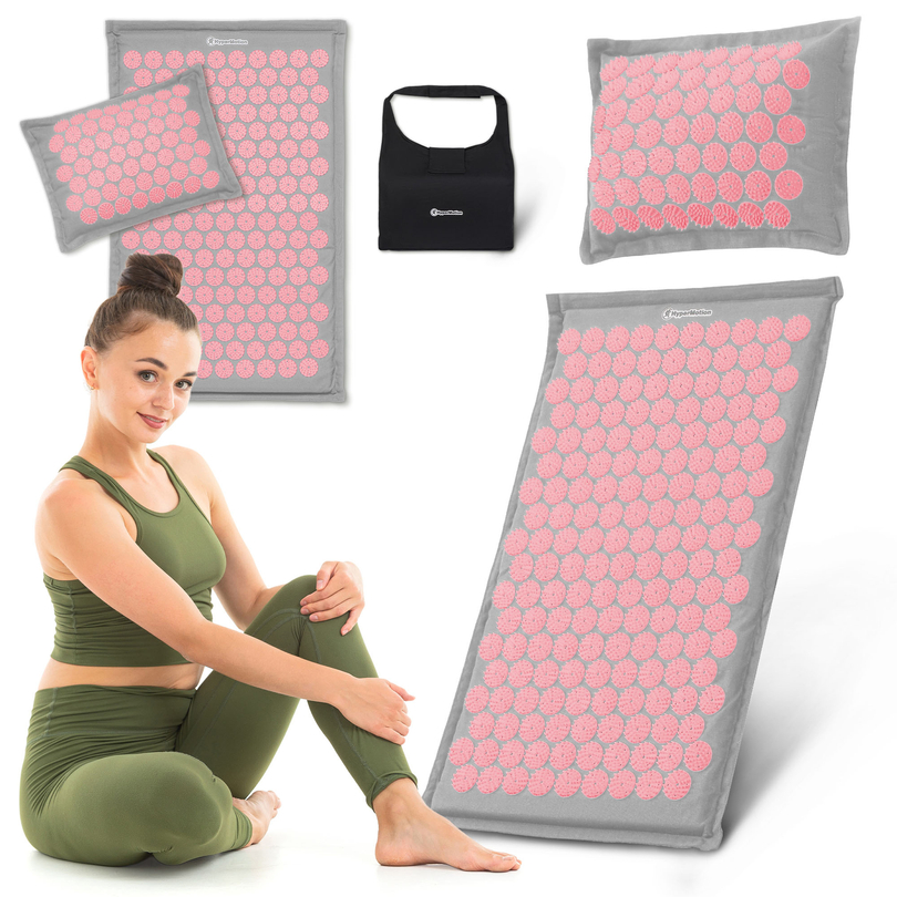 EKO lněná akupresurní podložka s kokosovým vláknem a pohankovým polštářem – 68 cm HyperMotion šedá a růžová