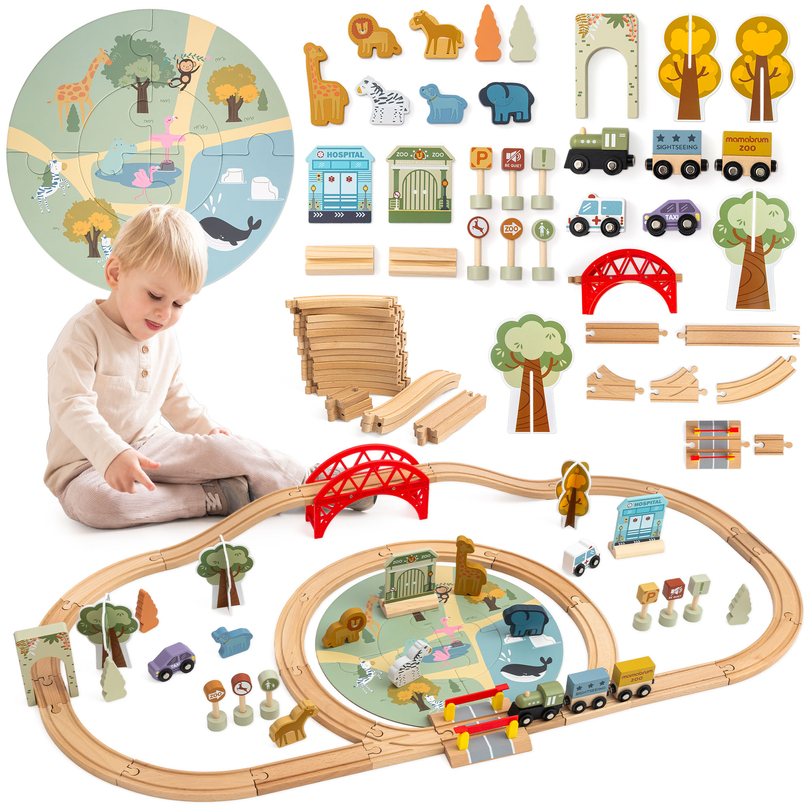 Dřevěný vláček do zoo – puzzle, vláček, koleje, zvířata, most, závora