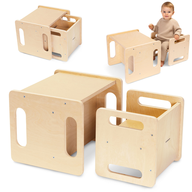 Dřevěný stůl a židle s funkcí nášlapného kamene – multifunkční Montessori sada pro děti