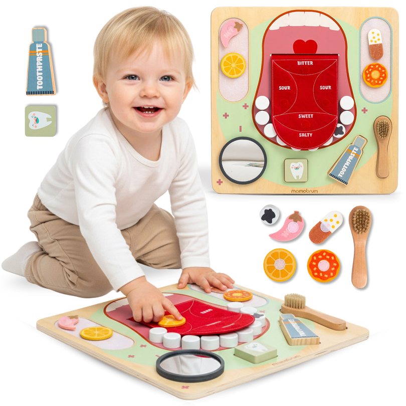 Dřevěná Montessori vzdělávací tabule Malý zubař - zubní kartáček, zubní pasta, vyjímatelné zuby, zrcátko, jídlo, učení příchutí