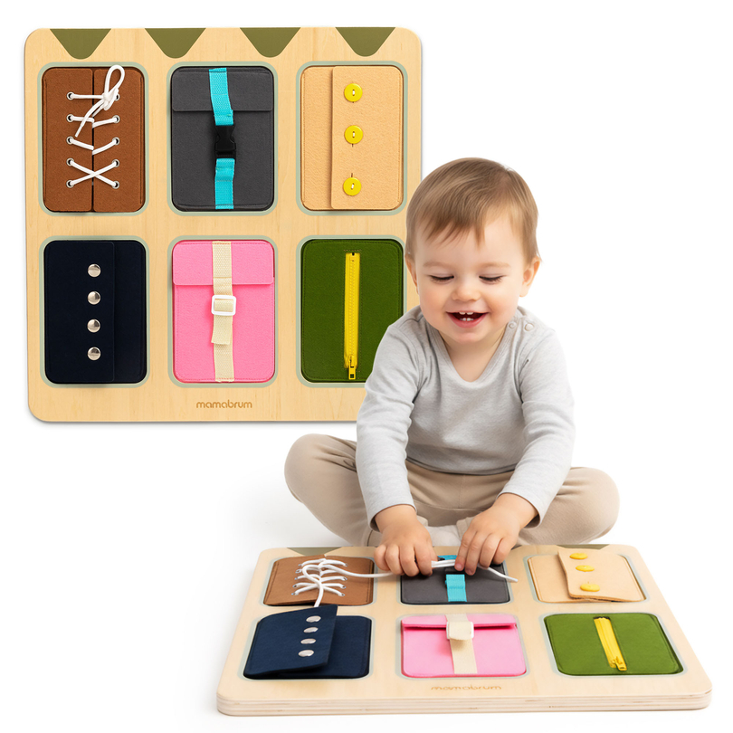 Dřevěná Montessori manipulační tabule – Senzorické učení samostatnosti - tkaničky, přezky, knoflíky, patentky, zip