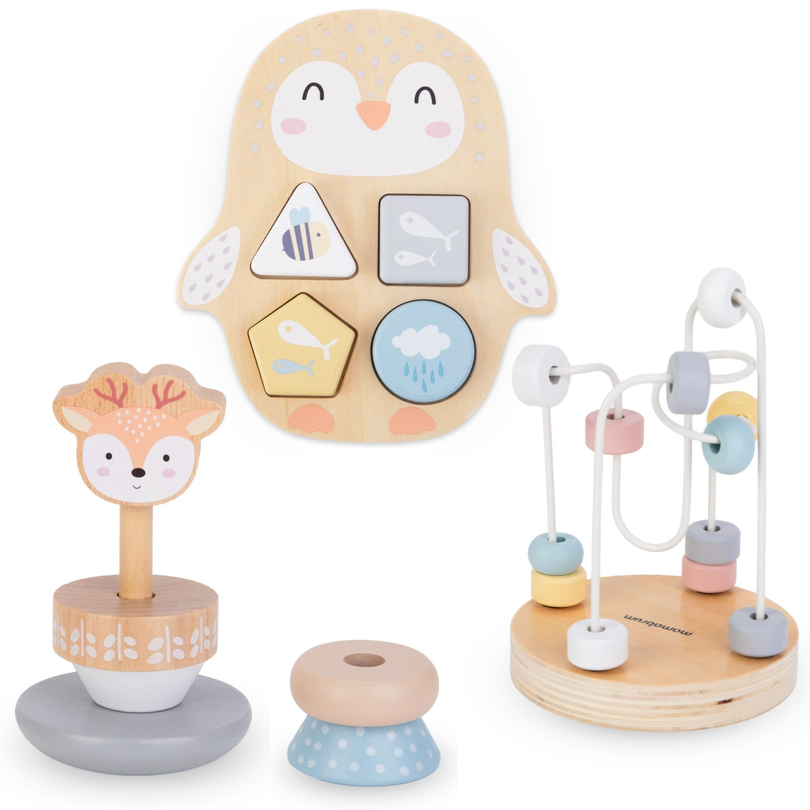 Sada dřevěných hraček - barevné proplétání, pyramida Jelen, třídička Tučňák