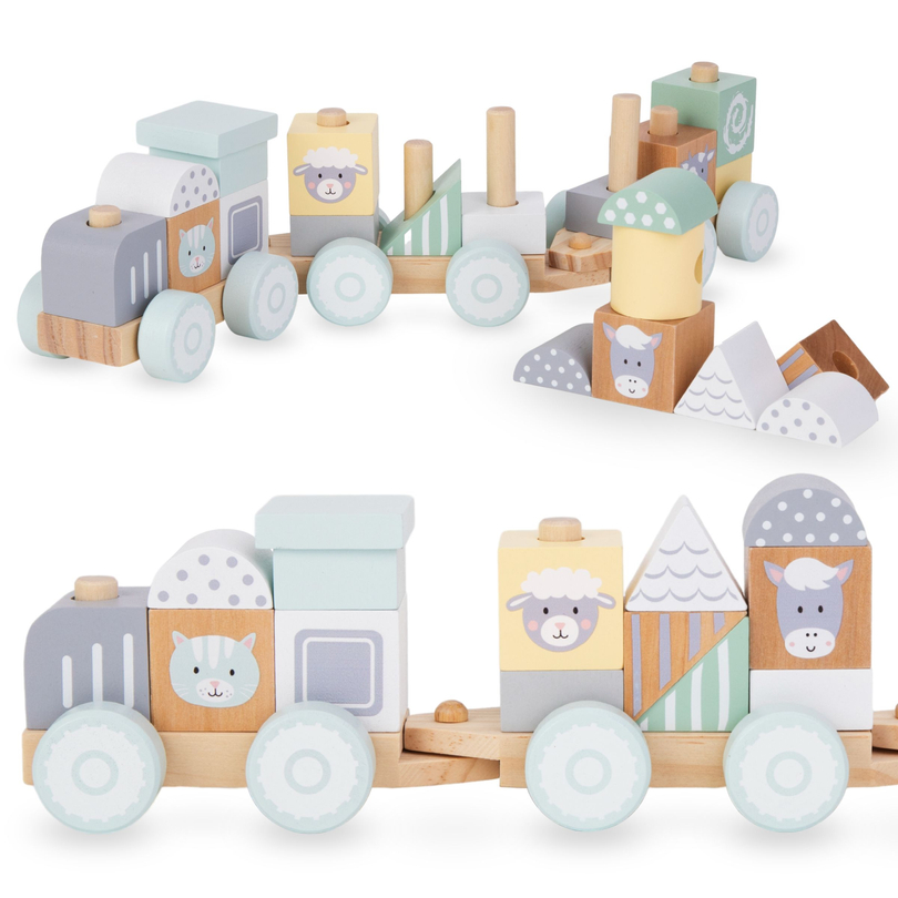 Dřevěný vláček s kostkami pro chlapce - Farma