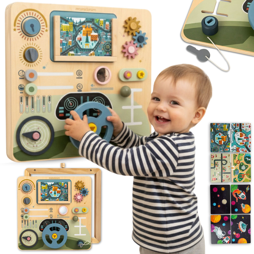 Dřevěná Montessori tabule 2 v 1 Kokpit pro malého řidiče a pilota – volant, řadicí páka, cestovní mapy, radar